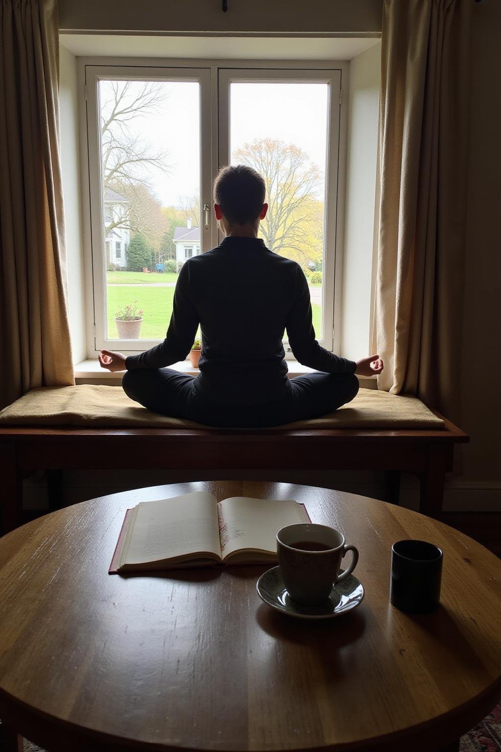Person meditating peacefully in the morning next to a journal and tea, promoting mental health and relaxation.