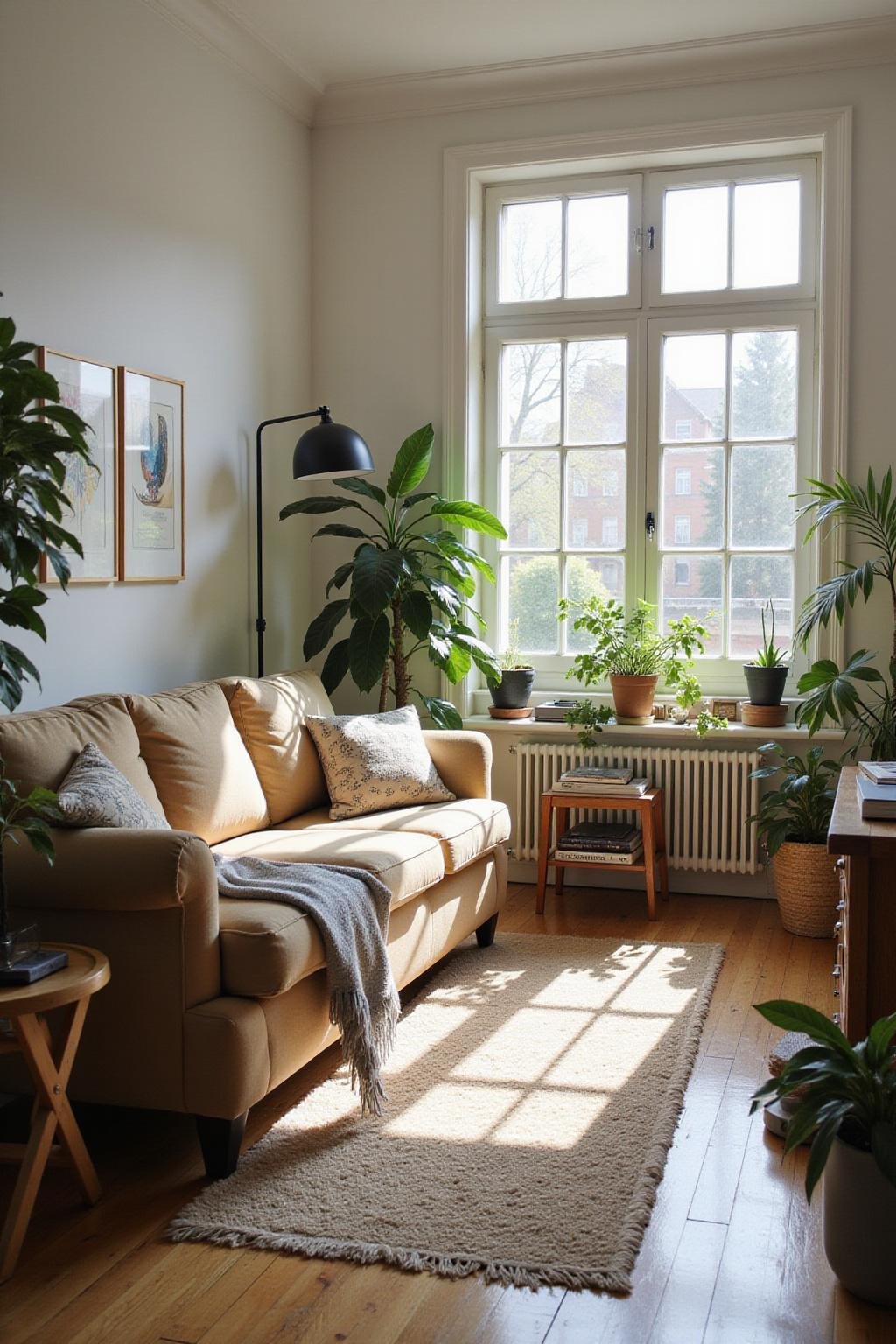 A bright, tidy living room with minimal clutter and natural sunlight, illustrating a detoxed home environment