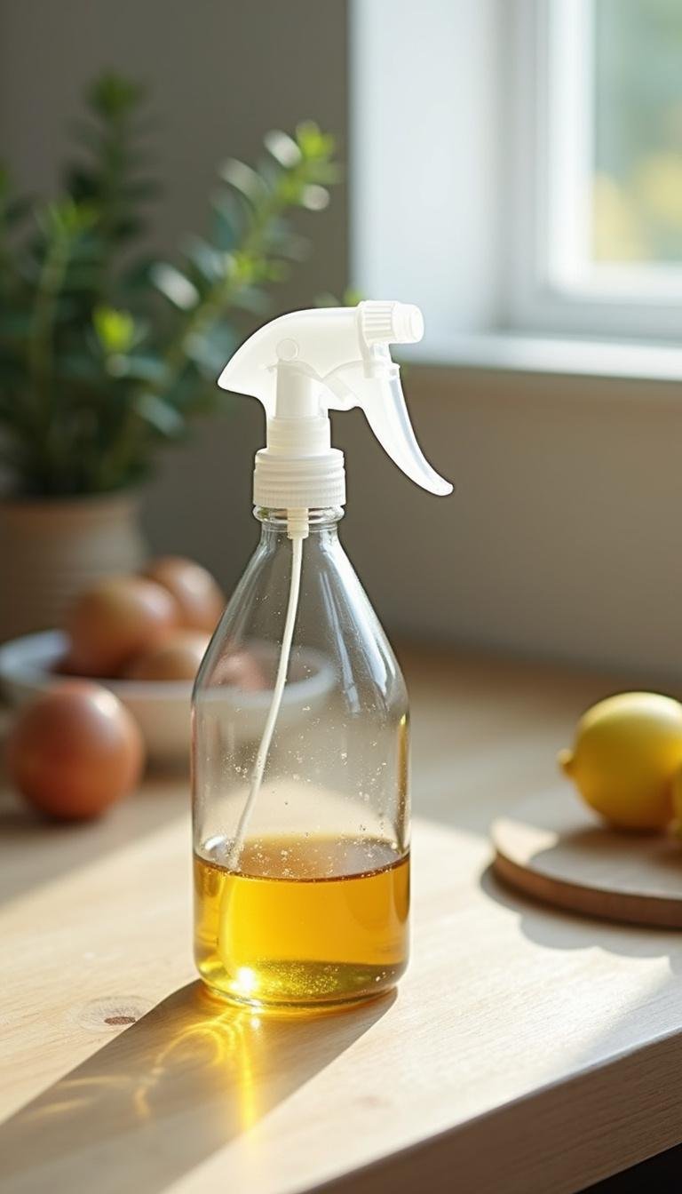 A person making a DIY natural air freshener spray in a kitchen setting, illustrating affordable home detox techniques