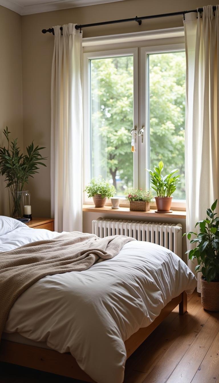 A clean and organized bedroom with open windows, symbolizing a balanced and detoxed home atmosphere