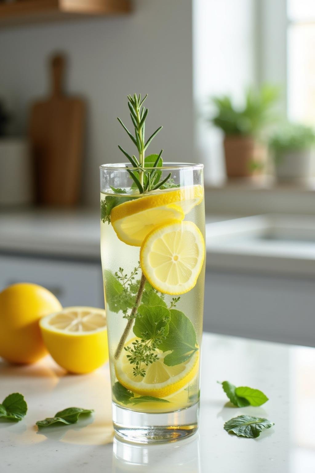 A refreshing glass of lemon and herbal infused water for natural lymphatic detoxification.