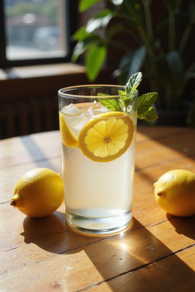 A clear glass of water with lemon slices on a wooden table, representing hydration