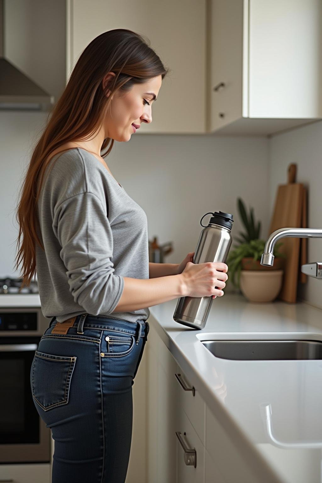 A person refilling a reusable water bottle in a contemporary kitchen setting