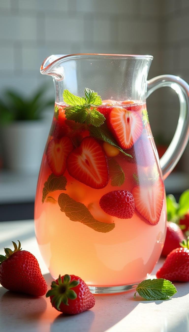 A pitcher of colorful infused water with strawberries and mint leaves on the counter