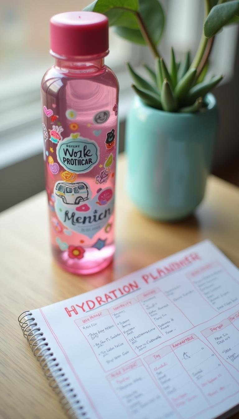 A vibrant water bottle with motivational stickers next to a hydration schedule planner