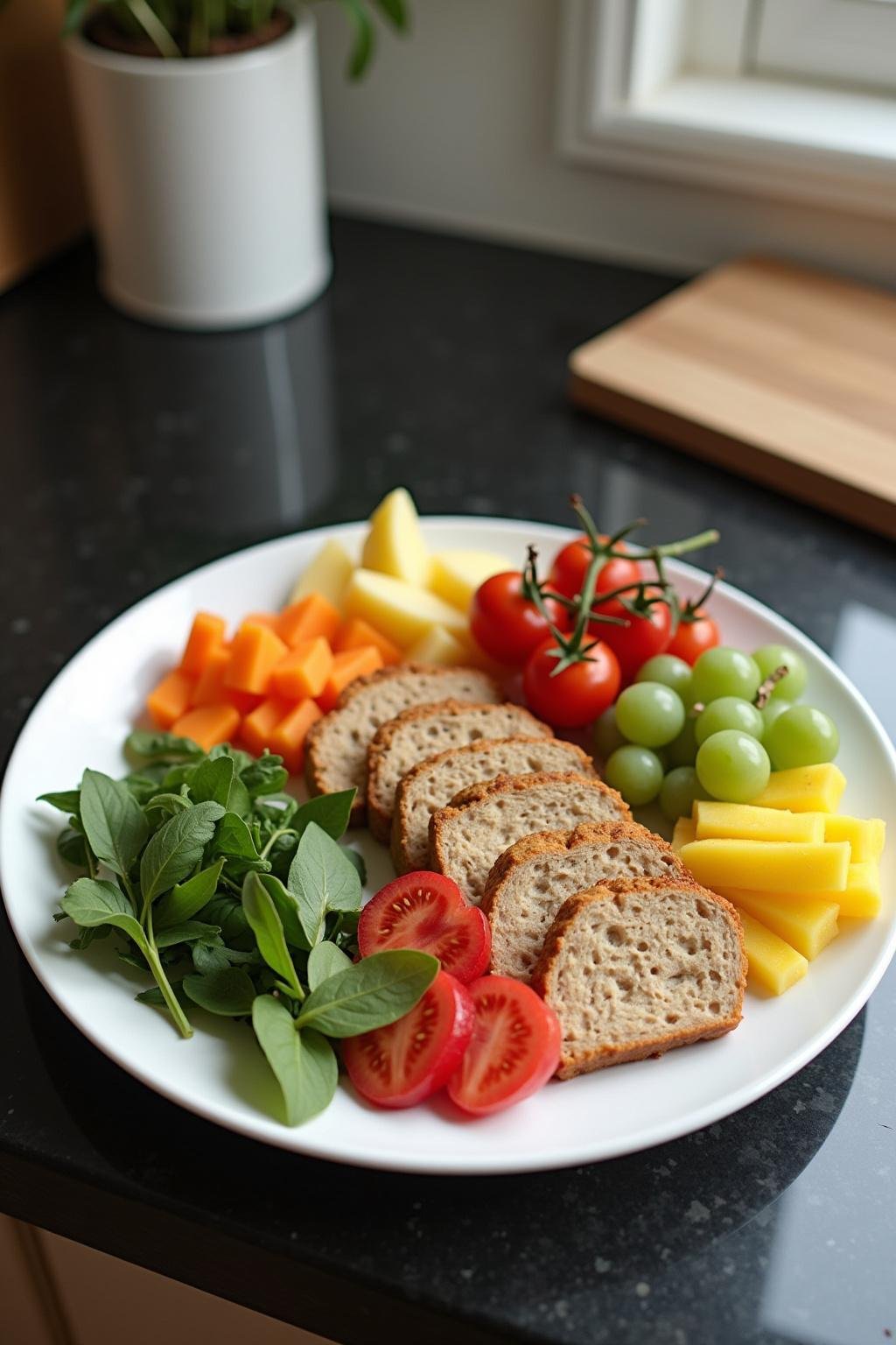 Healthy meal with vegetables, fruits, and lean proteins displayed on a kitchen table