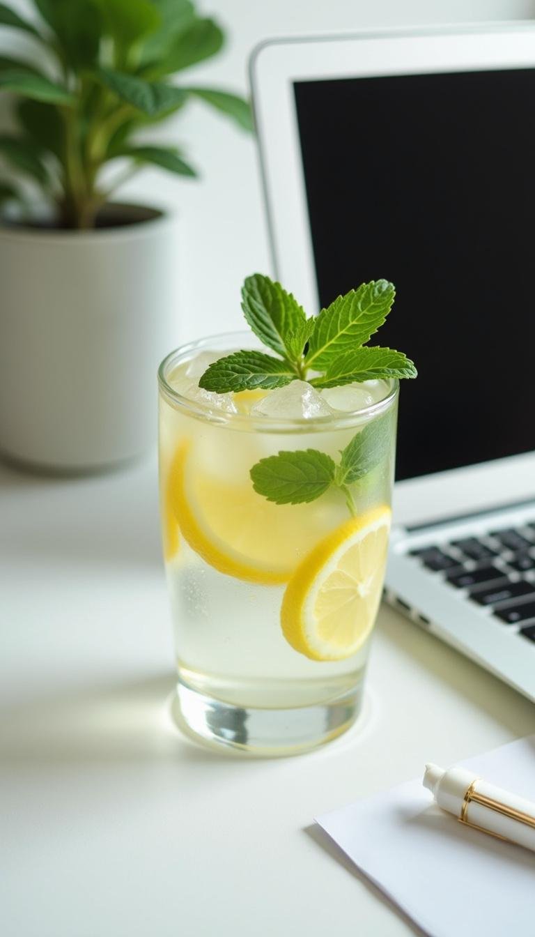 Refreshing infused water on a workspace, encouraging hydration for a healthier lifestyle