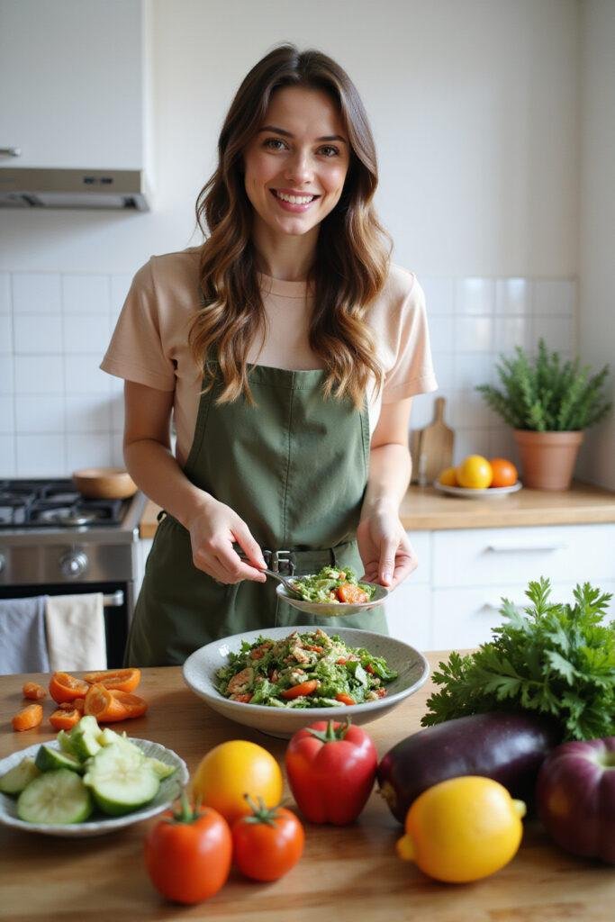 Person preparing a healthy vegan salad in a bright kitchen with fresh vegetables and fruits on the counter
