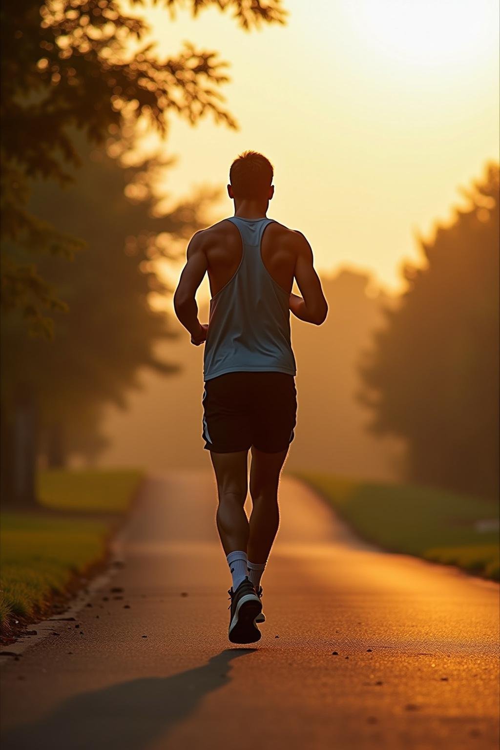 Individual jogging outdoors in a park during sunrise, wearing comfortable athletic clothing