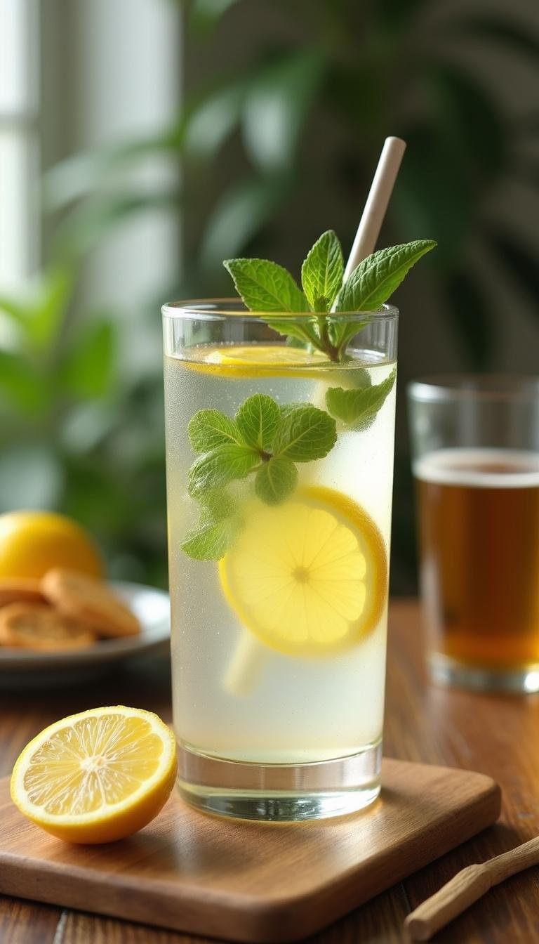 Close-up of a glass of water infused with lemon and mint on a wooden table with healthy snacks nearby