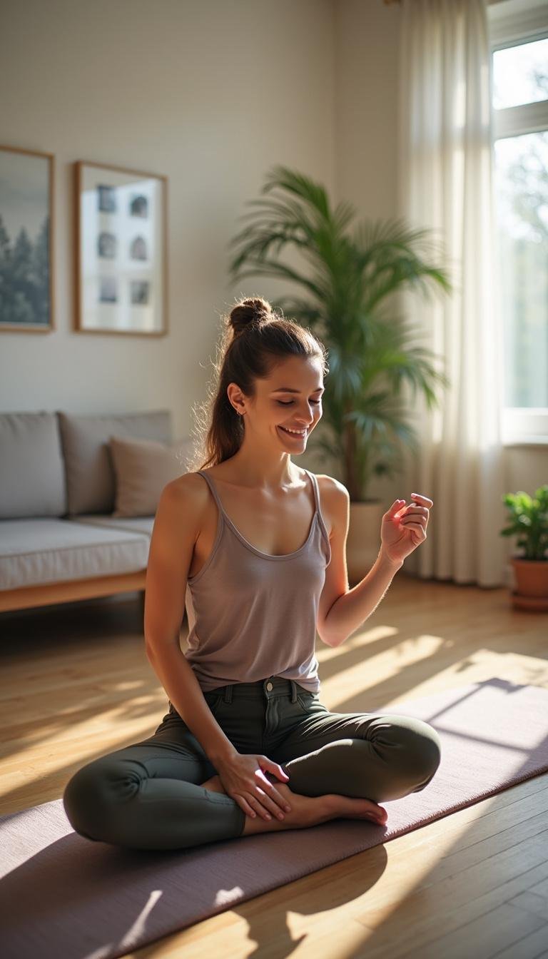 Smiling woman practicing meditation and yoga in a serene living room with natural light