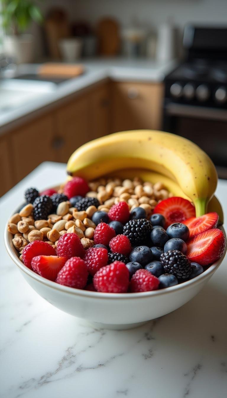 Vibrant fruit bowl with colorful berries, bananas, and nuts arranged on a kitchen countertop
