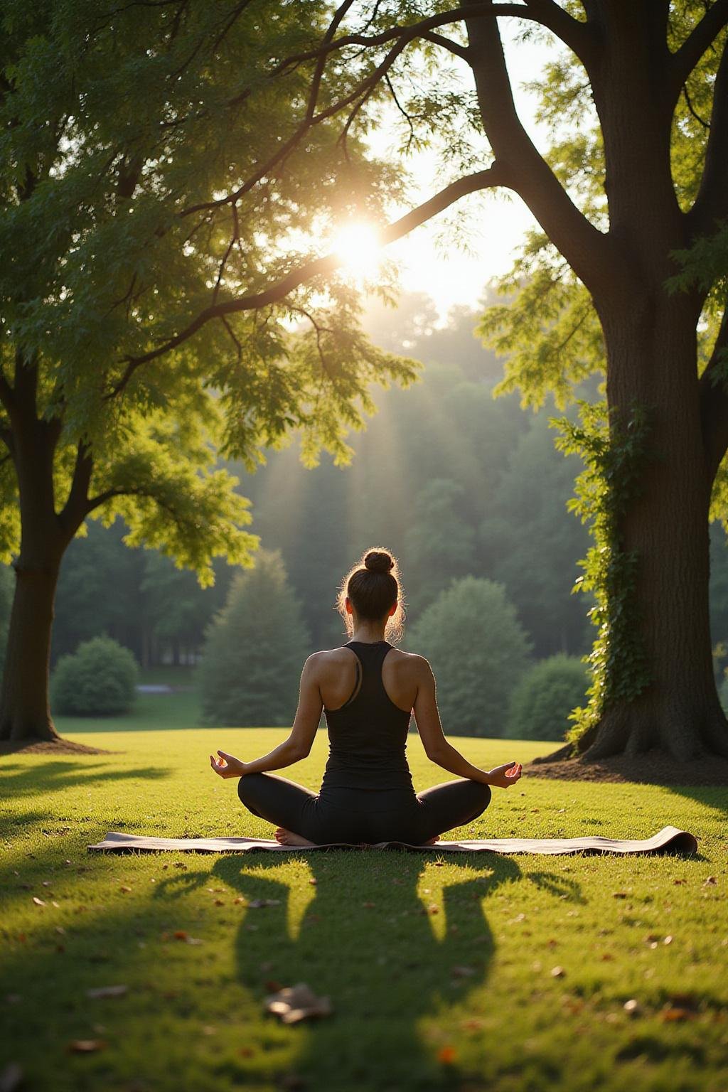 Person practicing outdoor yoga in a park to naturally lower cortisol levels