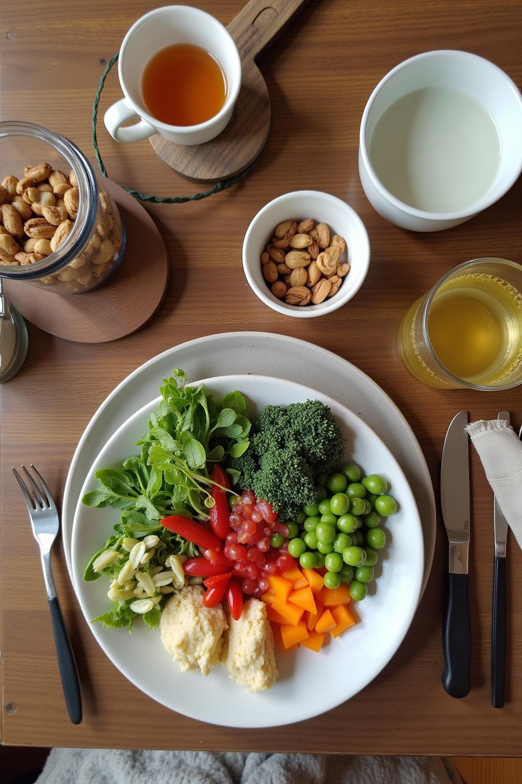 Healthy meal consisting of vegetables, nuts, and herbal tea to reduce cortisol naturally