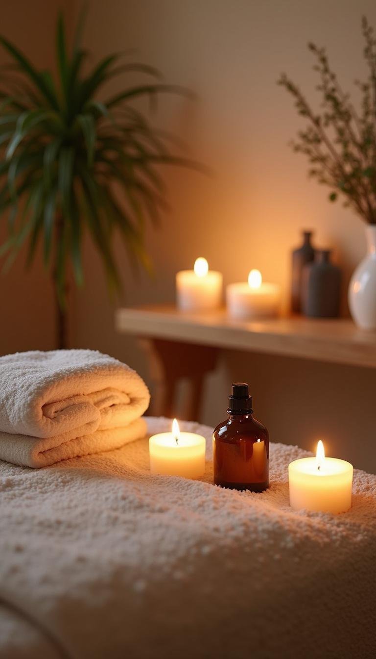 Spa environment with aromatherapy candles and essential oils promoting stress reduction
