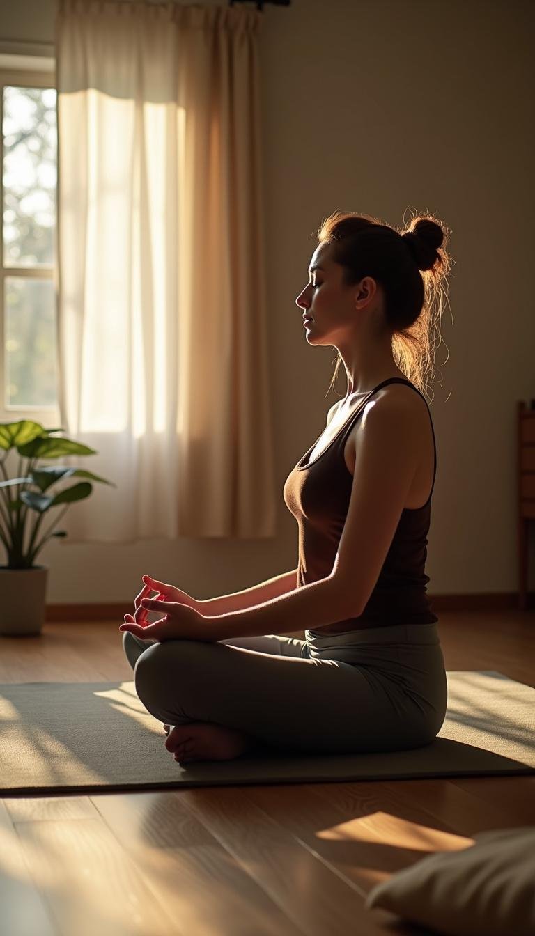 Person meditating peacefully at home to help lower cortisol levels naturally