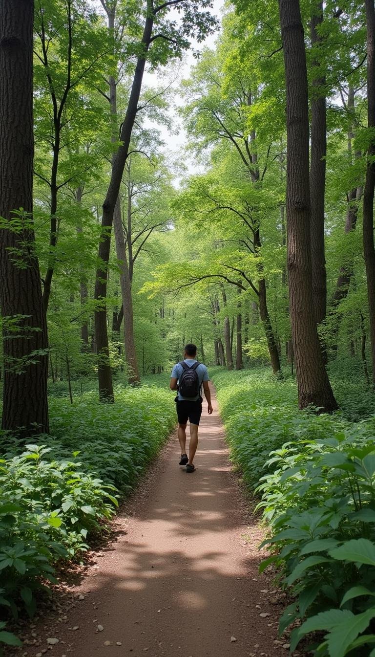Person walking on a nature trail surrounded by trees for stress relief and cortisol reduction