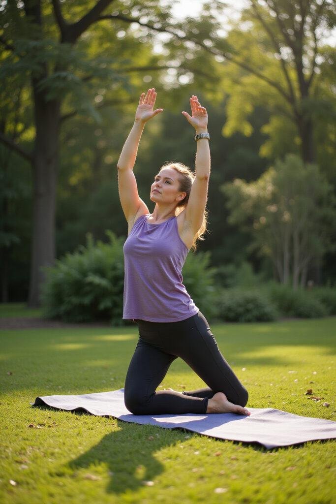 Woman doing yoga outside in nature to naturally lower cortisol levels and reduce cortisol belly fat