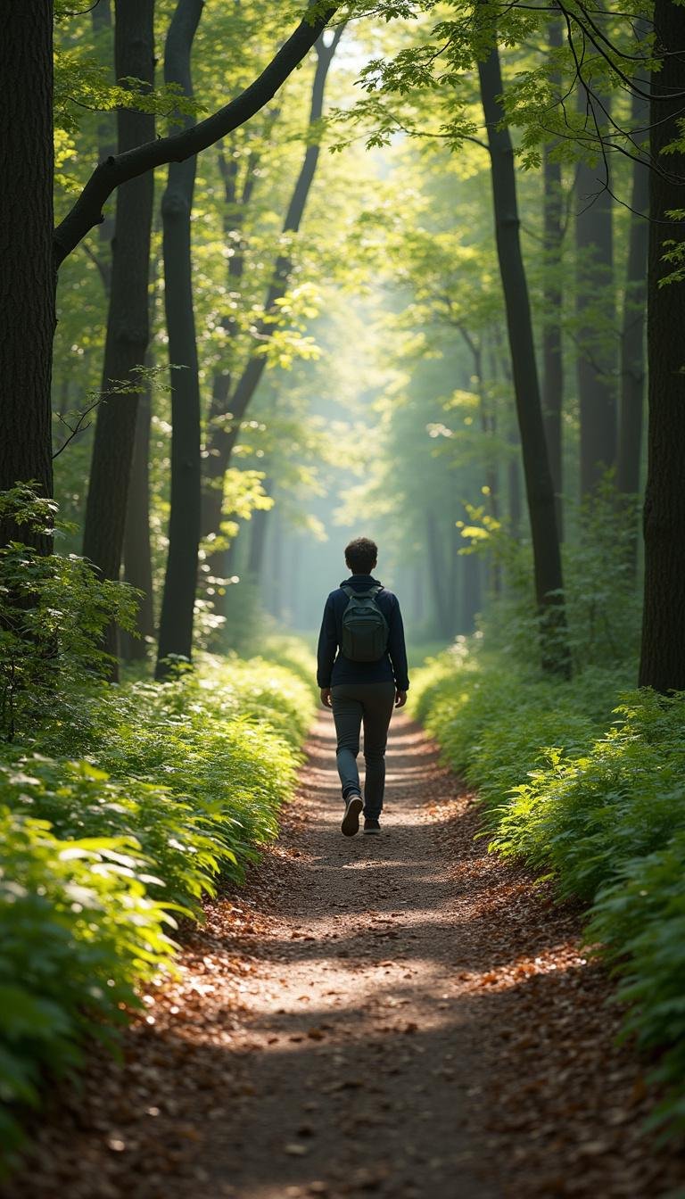 Person walking in nature to naturally lower cortisol levels and improve overall well-being
