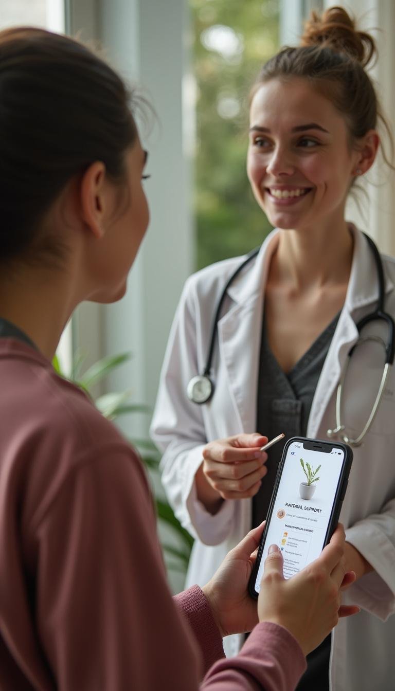 Healthcare professional explaining natural support methods for menstrual health to a woman