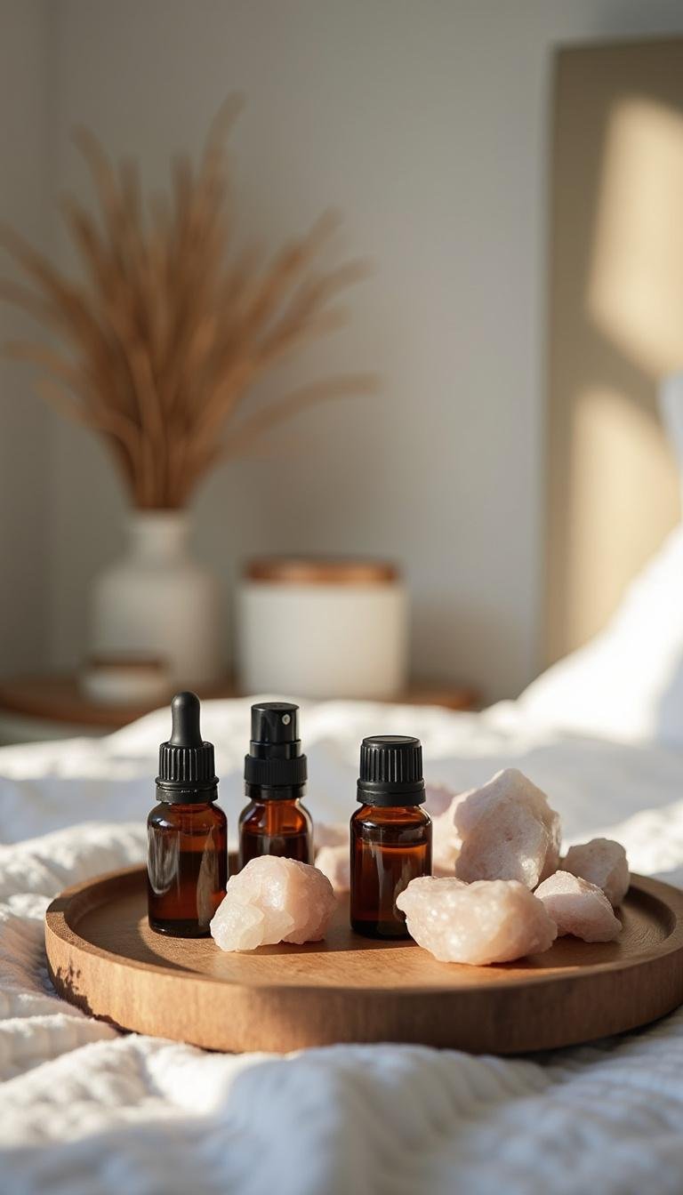 Set of healing crystals and essential oils used for energy protection for empaths