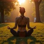 A person practicing yoga outdoors in a park during sunrise to reduce anxiety naturally