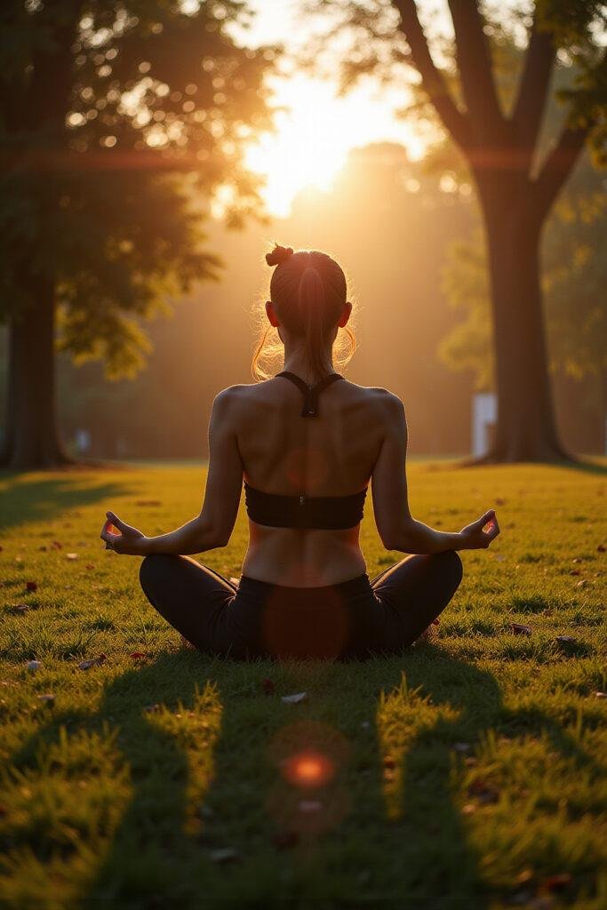 A person practicing yoga outdoors in a park during sunrise to reduce anxiety naturally