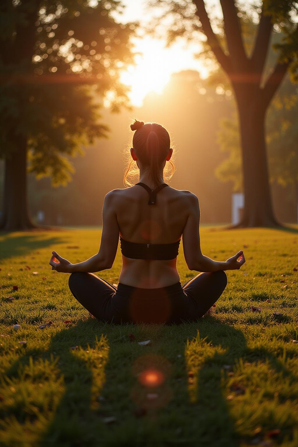 A person practicing yoga outdoors in a park during sunrise to reduce anxiety naturally