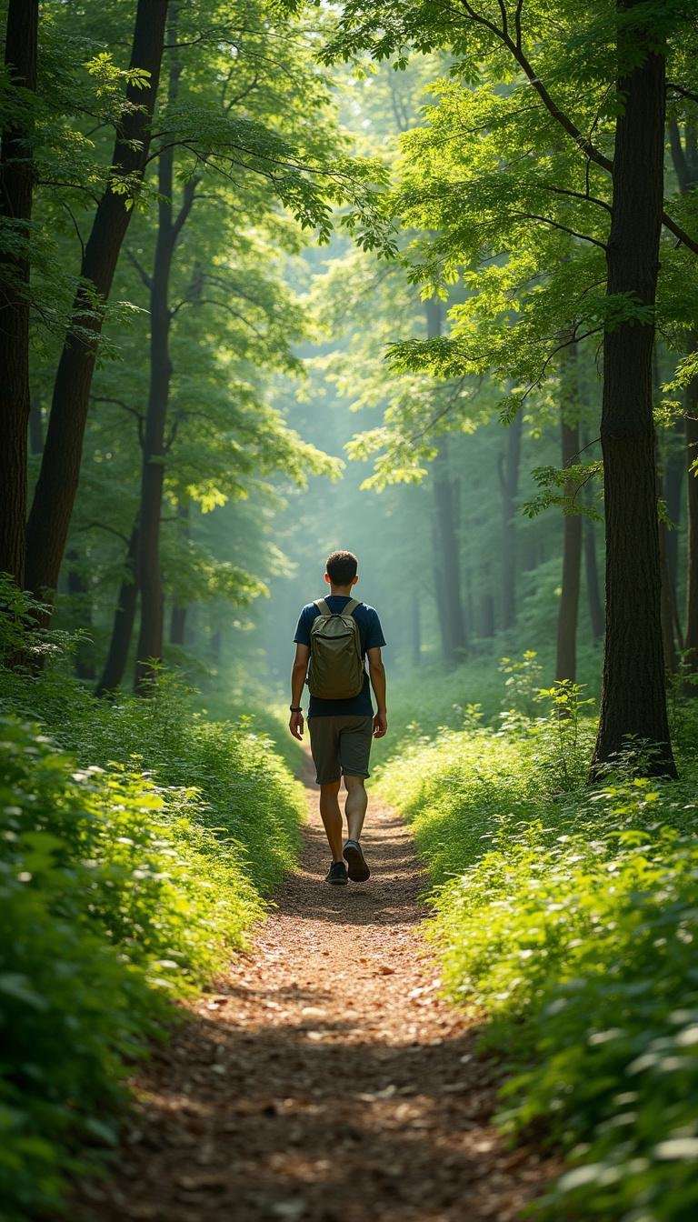 Individual walking calmly through a green forest to naturally reduce anxiety