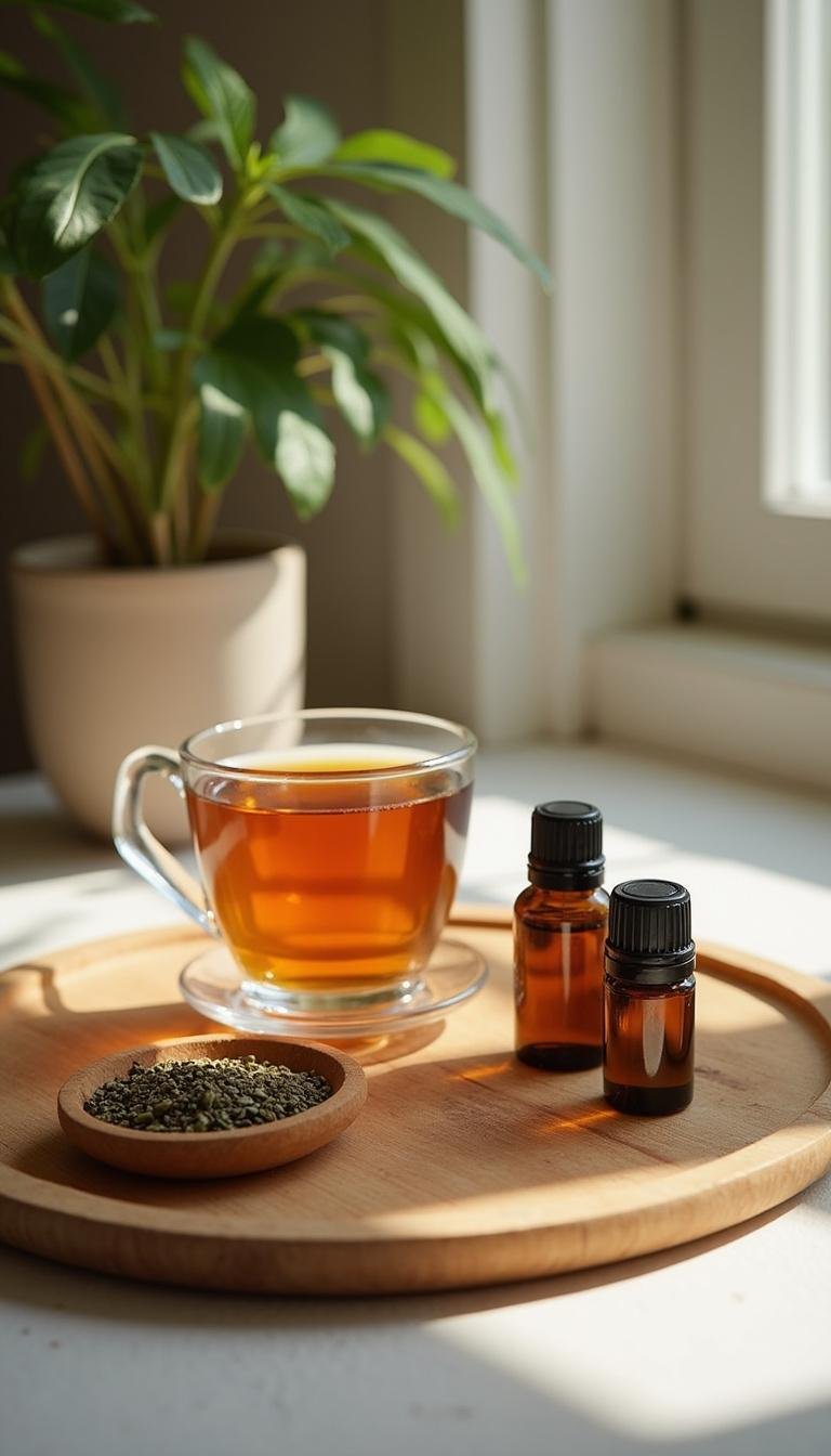 Herbal teas and essential oils on a table in a calming setting to reduce anxiety naturally