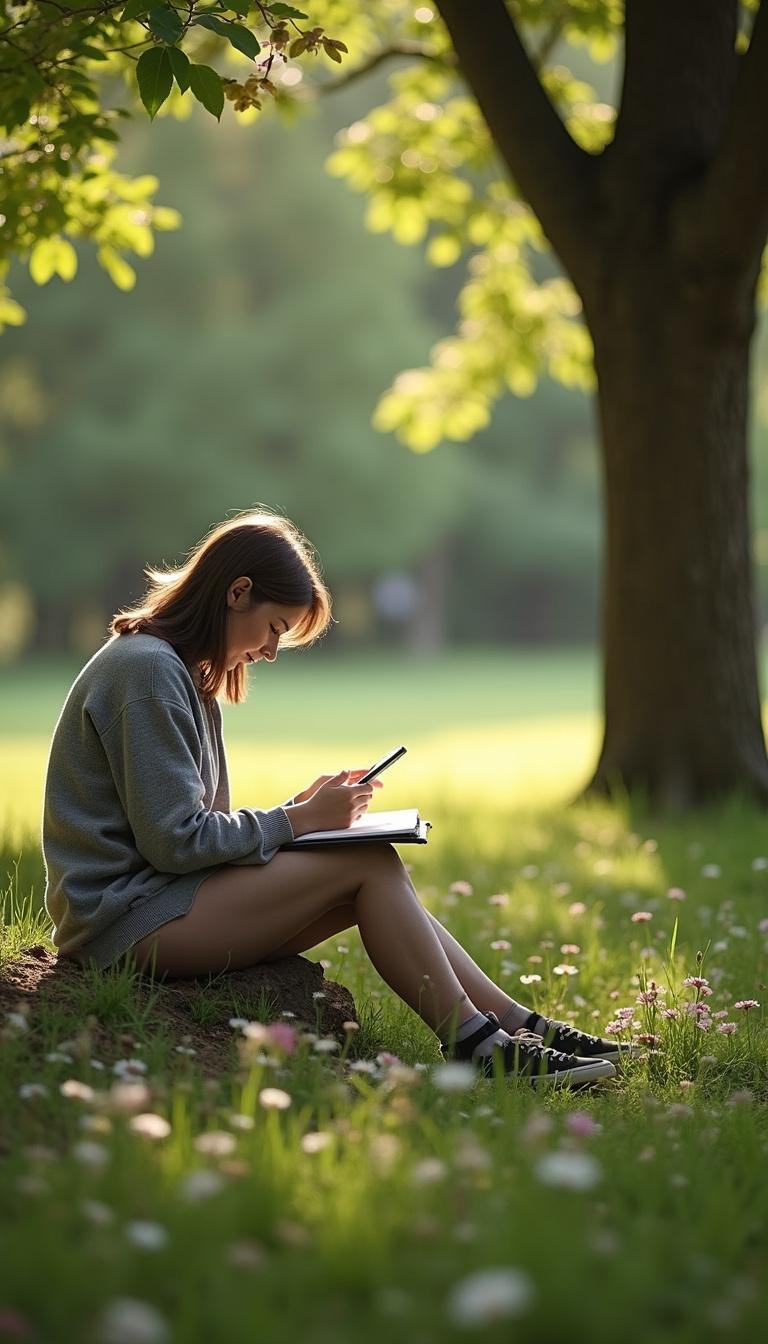 Someone journaling outdoors in a tranquil garden to manage anxiety naturally
