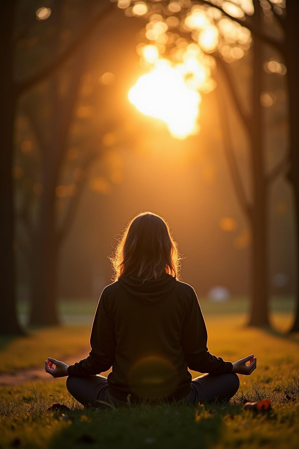 Individual meditating peacefully outdoors at sunrise to maintain mental well-being
