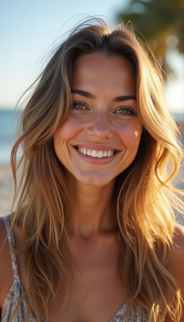Happy woman with shiny, natural hair outdoors, sunlight highlighting her hair's health