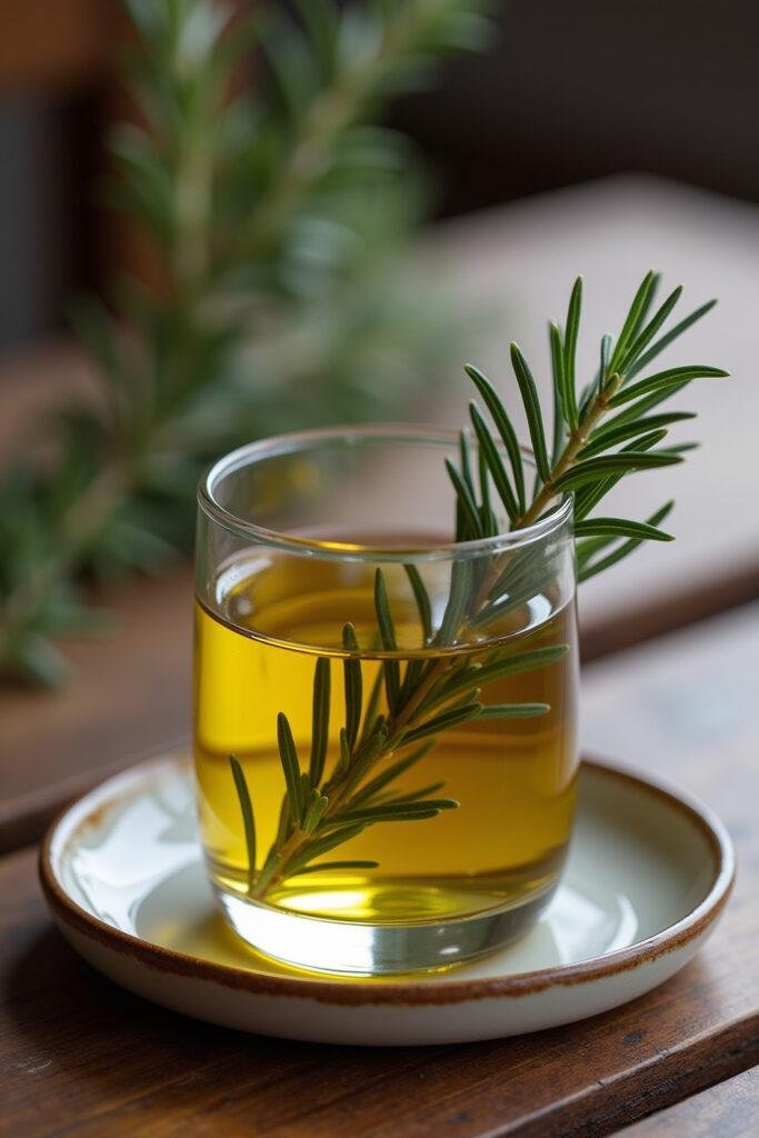 A close-up of a glass cup with golden olive oil on a wooden table, symbolizing healthy morning routines
