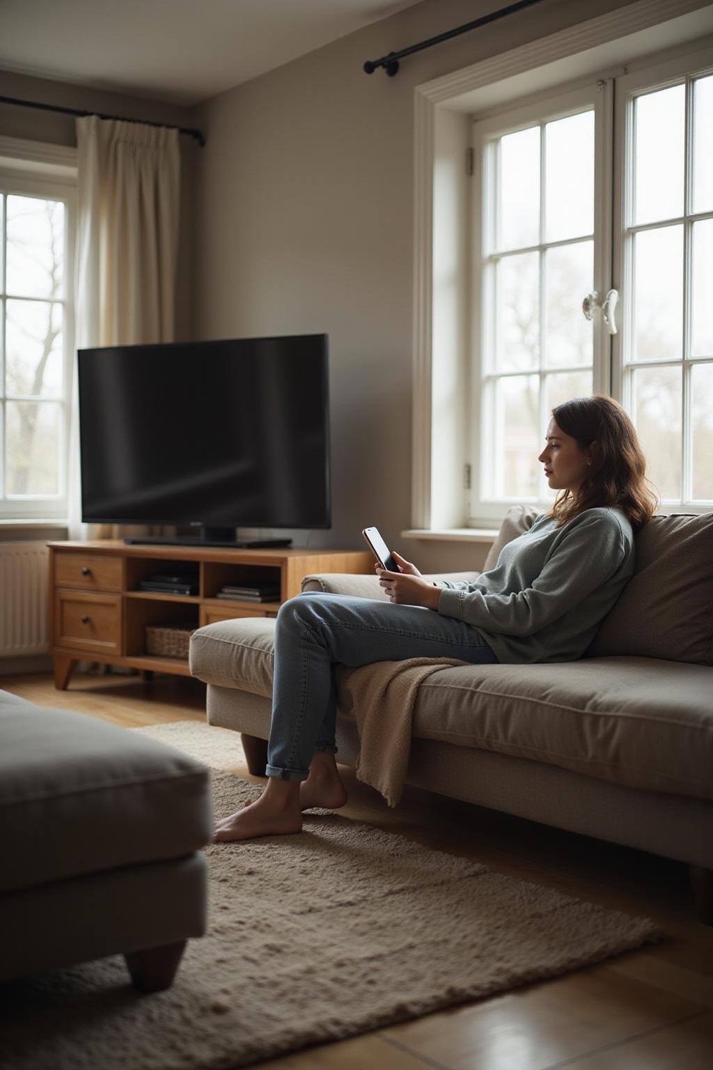 Person unwinding without social media, practicing mindfulness in a quiet modern home