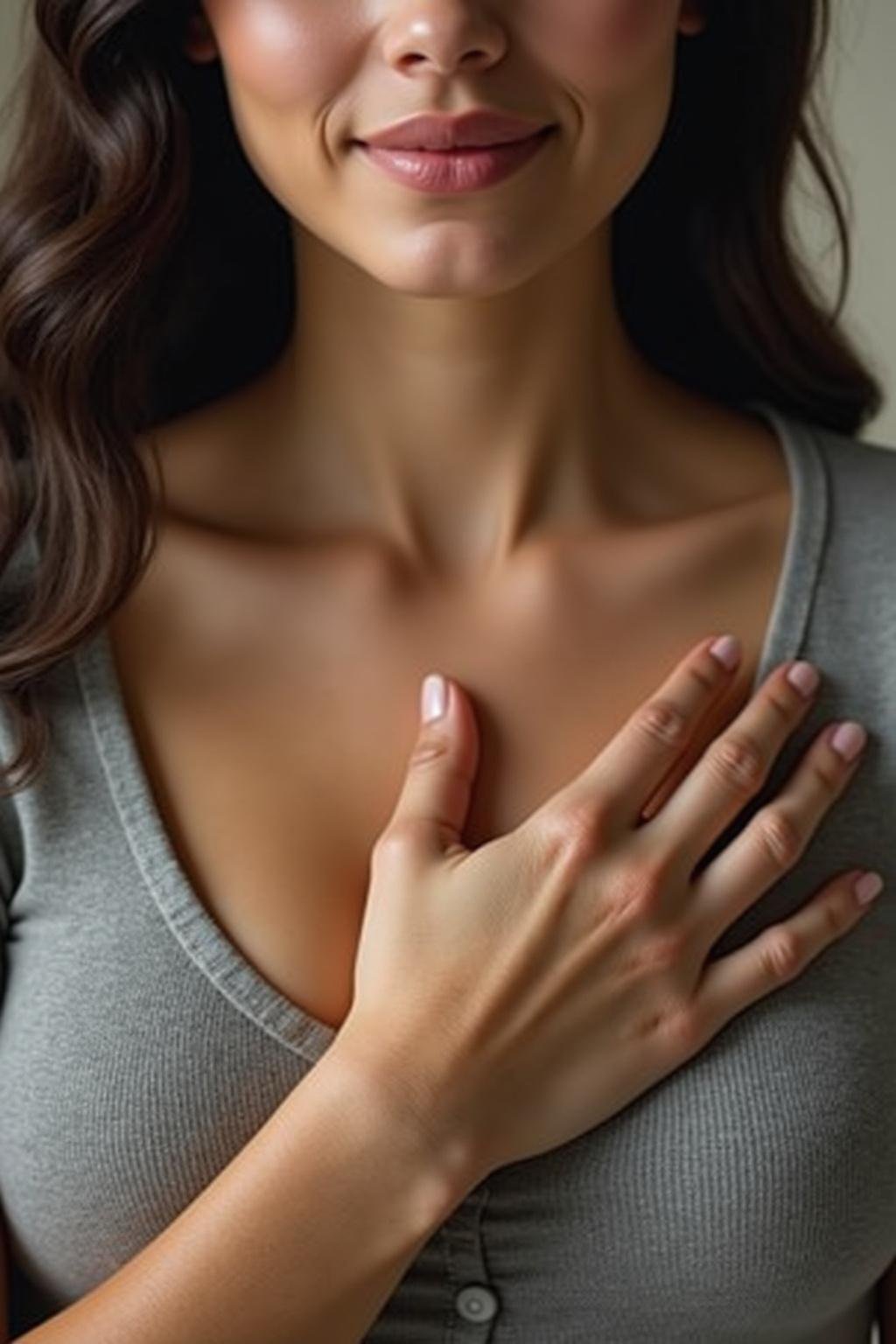 Individual with hand over heart in a tranquil space, focusing on self-awareness
