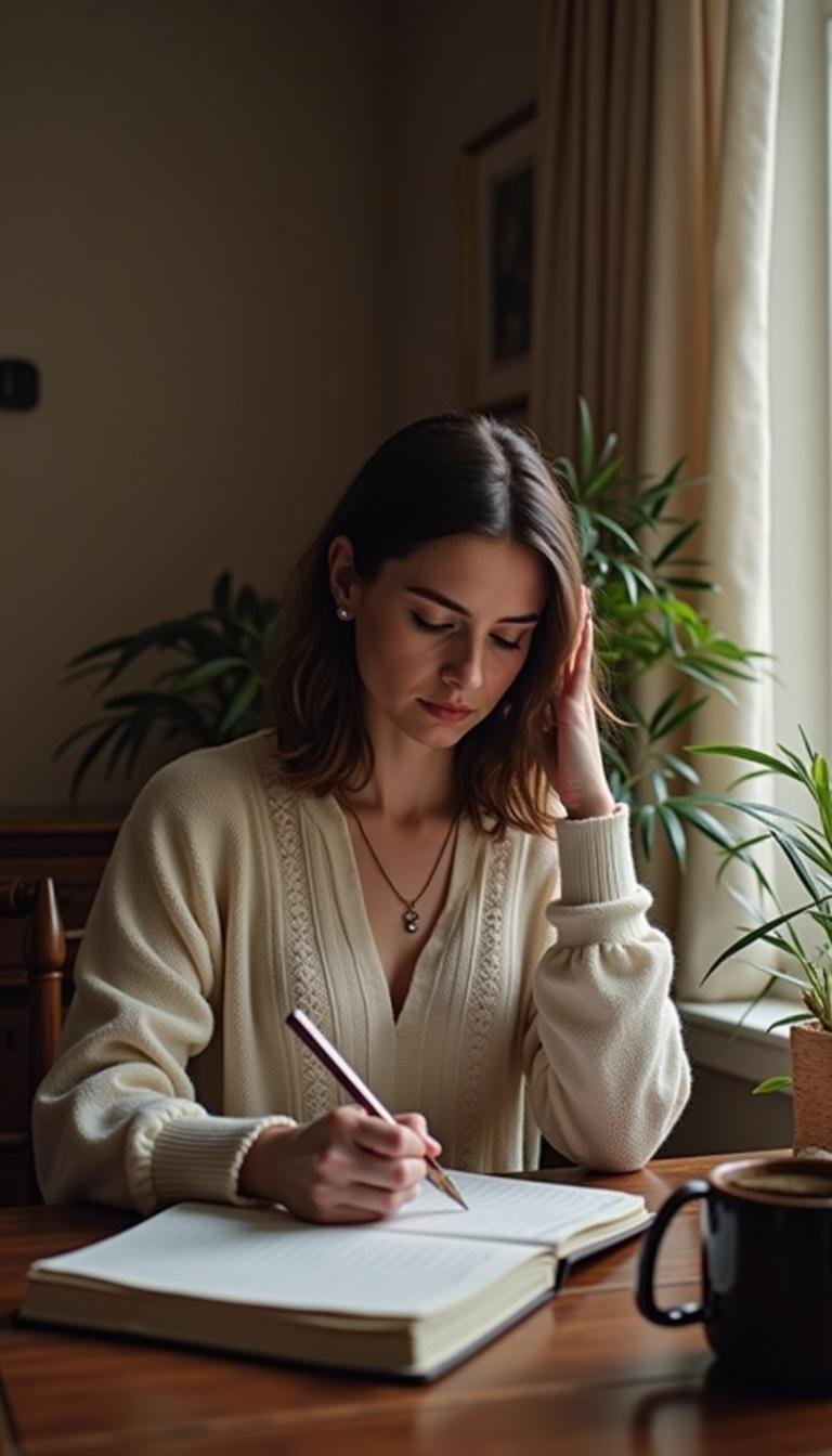 Woman writing in a journal at home, engaging in self-reflection