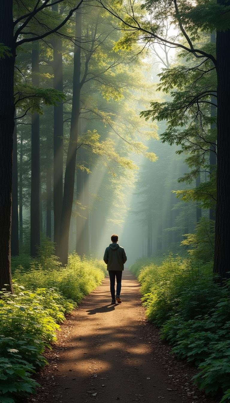 Individual walking alone on a forest path, reflecting self-awareness and inner peace
