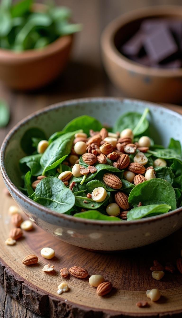A healthy meal with magnesium-rich foods such as spinach, nuts, and dark chocolate, for mental wellness