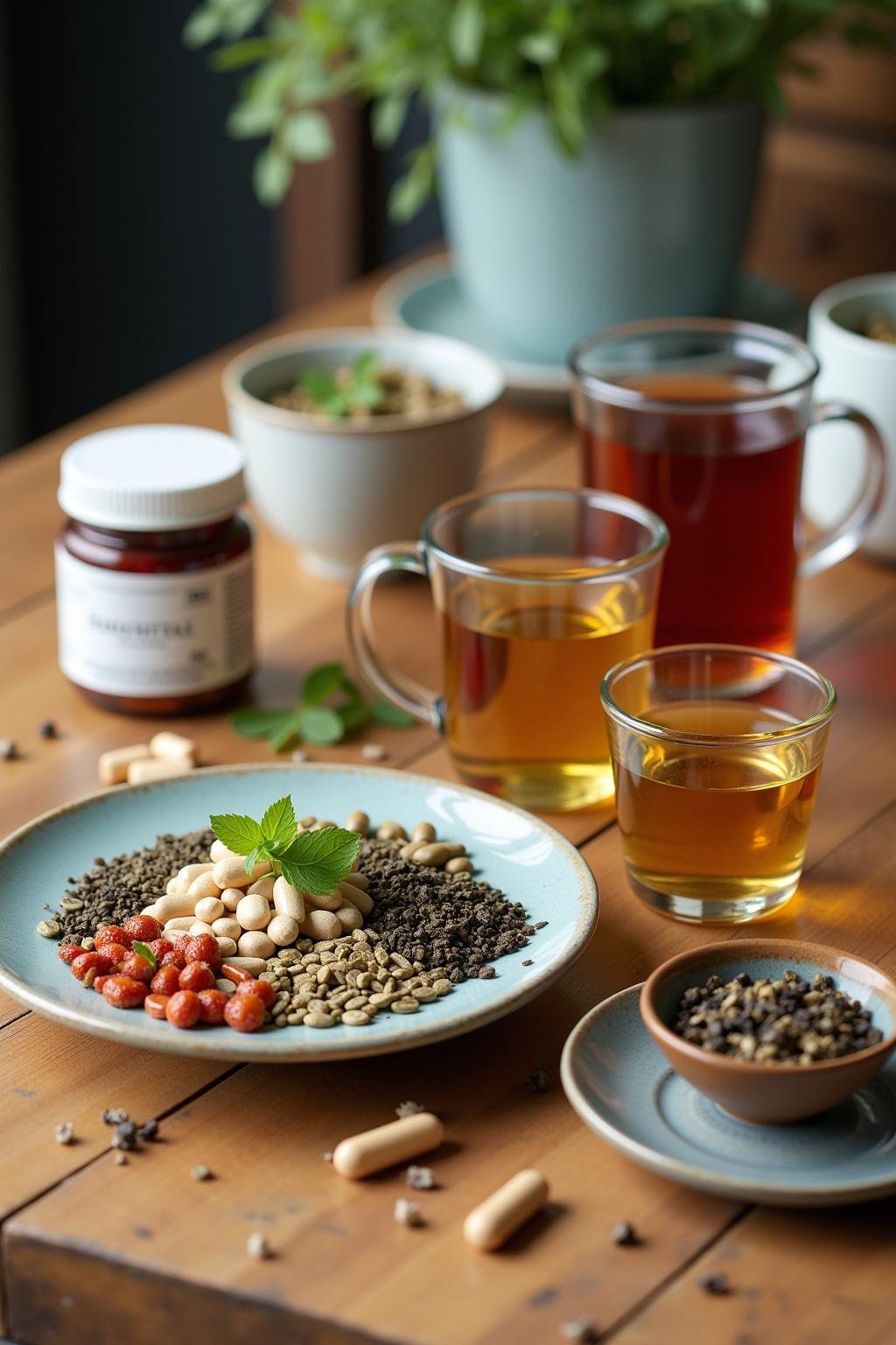Herbal teas and natural supplements on a table for menopause mood stabilization