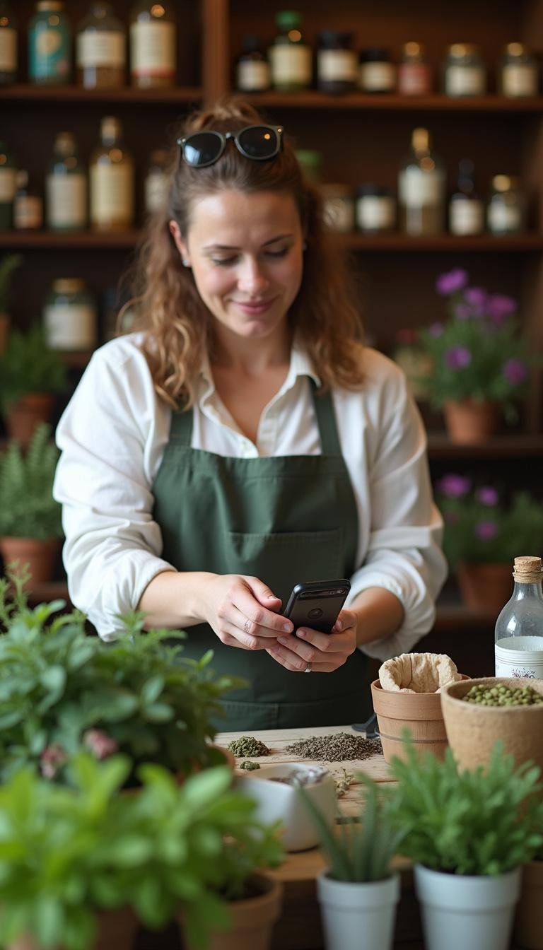 Herbalist making natural remedies with fresh herbs for menopause mental health