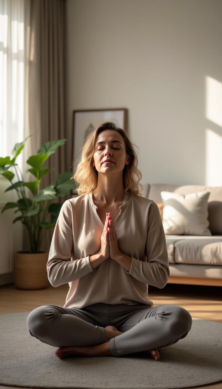 Woman meditating peacefully indoors to support mental health during menopause