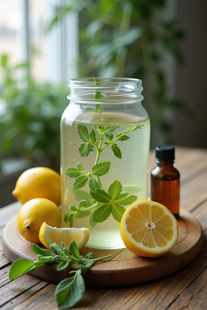 Natural mold removal process using essential oils with herbs and lemon slices on wooden surface