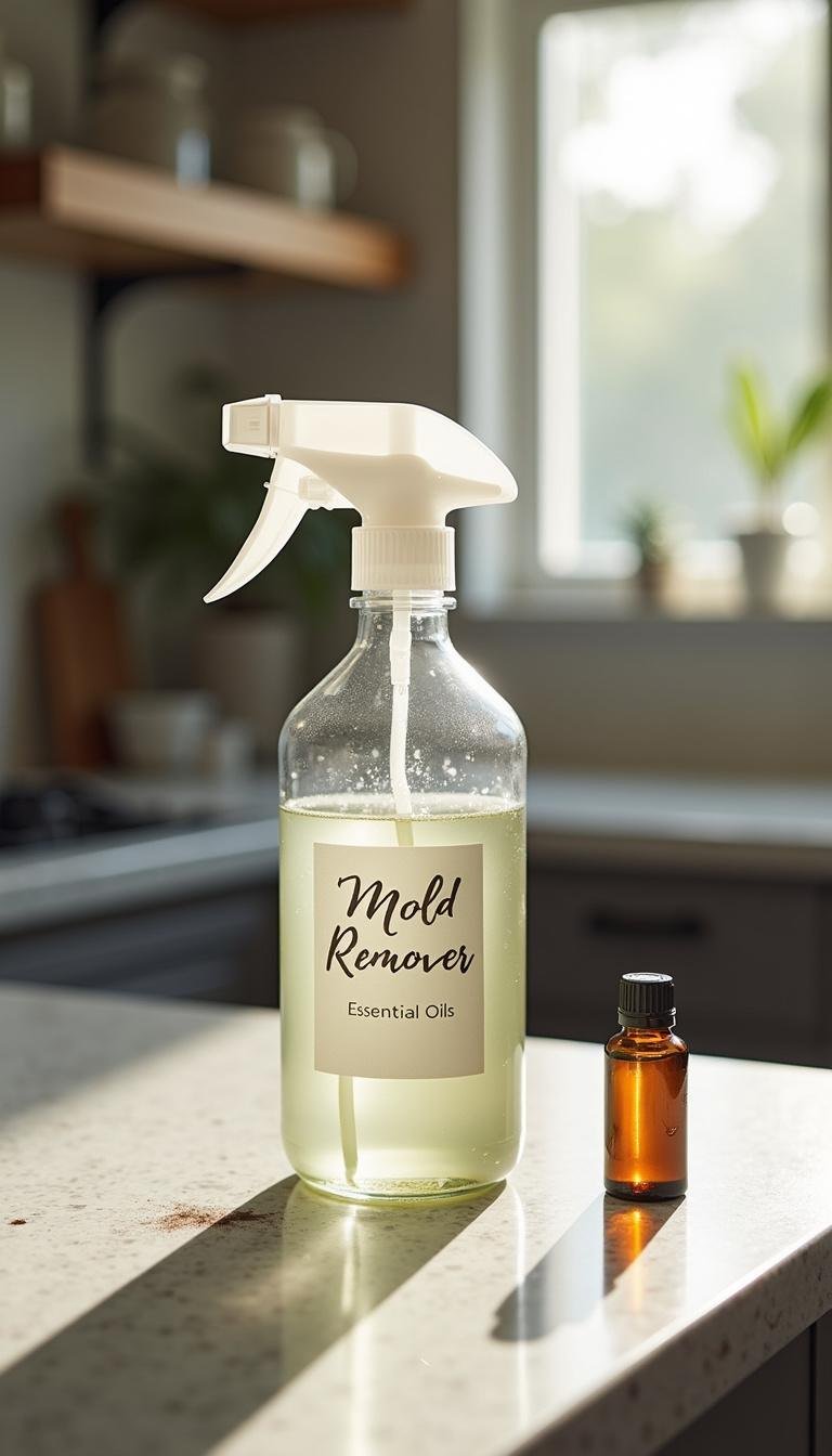 Homemade natural mold remover spray made with water and essential oils on kitchen surface