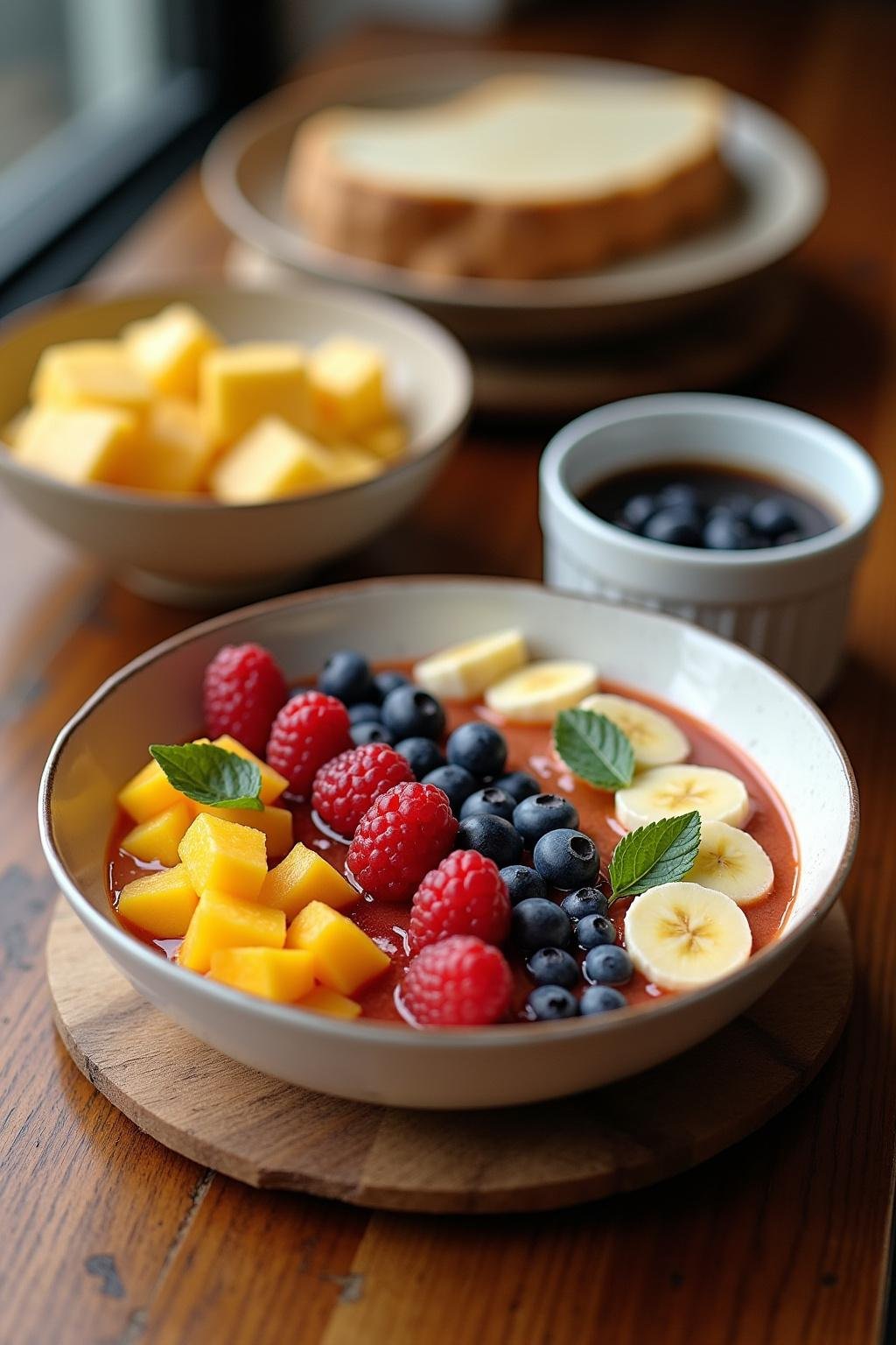 Healthy fruit meal with bananas and berries for enhancing dopamine and serotonin