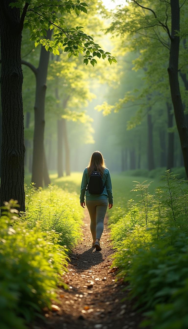 Individual walking in a green forest setting to naturally elevate serotonin and dopamine
