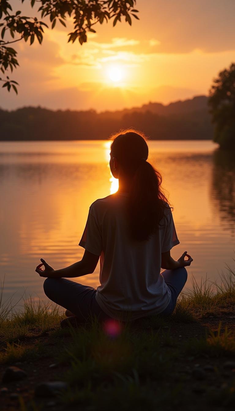 Individual meditating near a lake at sunrise to promote natural mood enhancement through serotonin