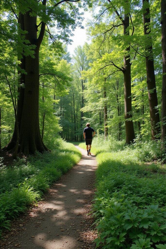 Individual enjoying a forest walk in a bright green forest, illustrating nature therapy benefits.