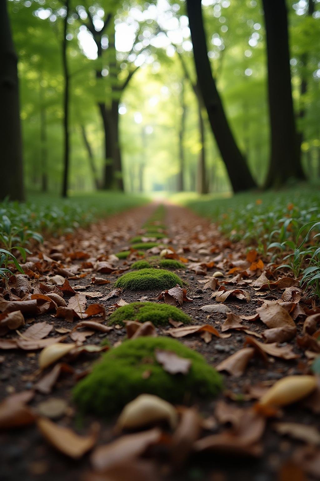 Serene forest path with leaf-covered ground and dappled sunlight, promoting relaxation and mental well-being.