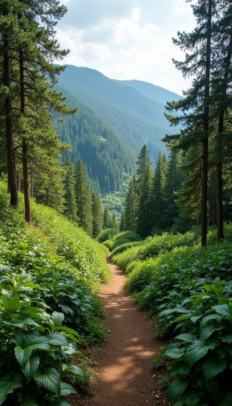 Vast green forest landscape with a walking trail, emphasizing the restorative power of nature walks.